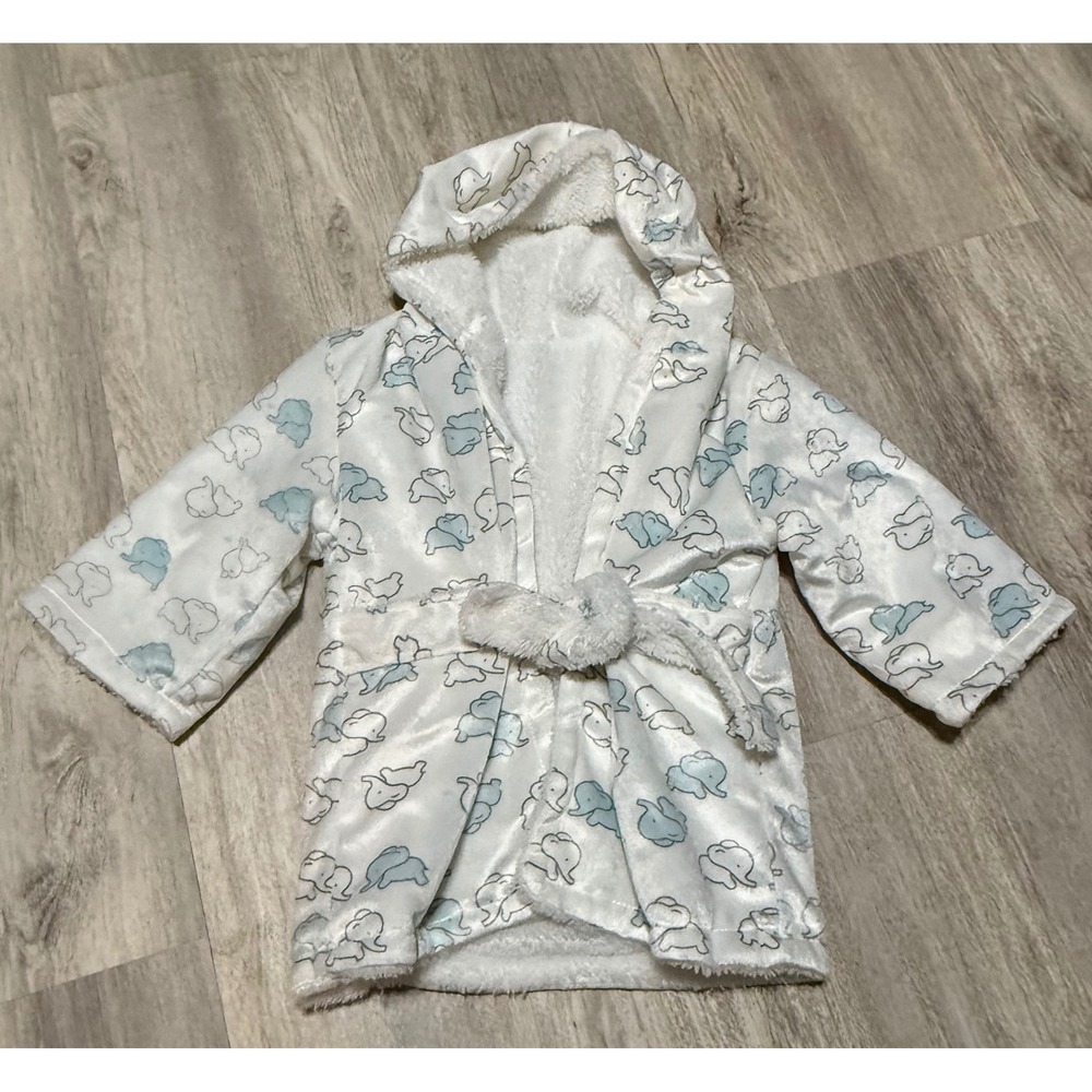 Baby Hooded Robe Plush Fleece Bathrobe Elephant Print Cozy Soft White Blue 0-3